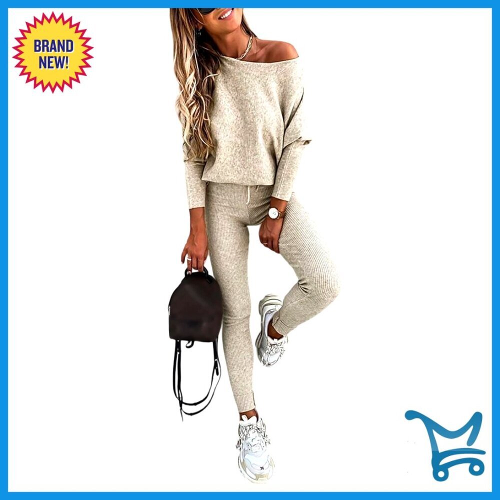 Long Sleeve Knit Pullover Tops Drawstring Pants Set Cozy Lounge Outfit